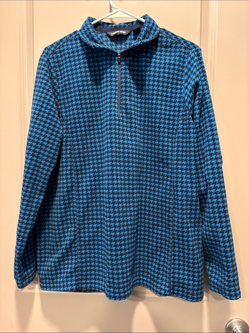 Lands' End Blue Black Houndstooth Quarter Zip Fleece Pullover Sweater L 14-16